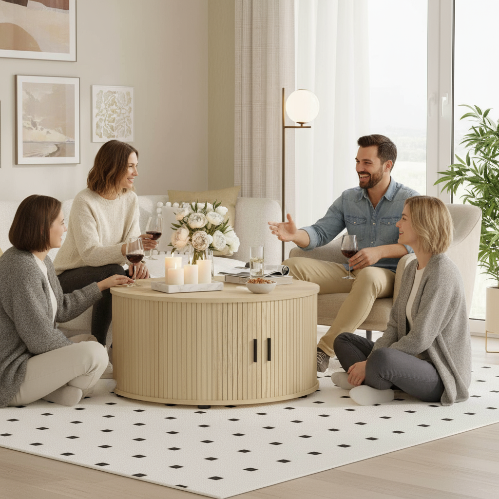 People socializing around round oak coffee table