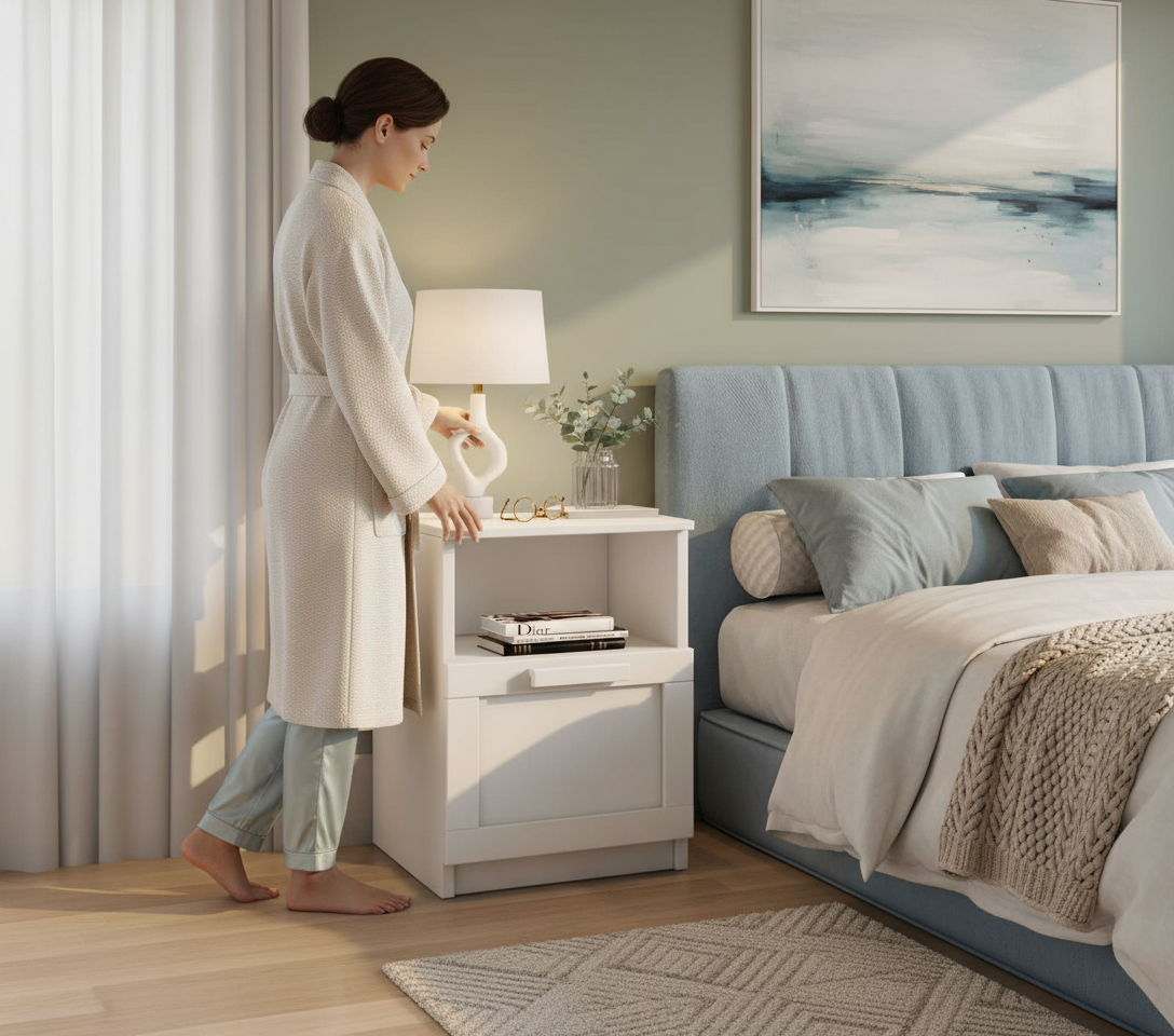 Person near white nightstand in bedroom