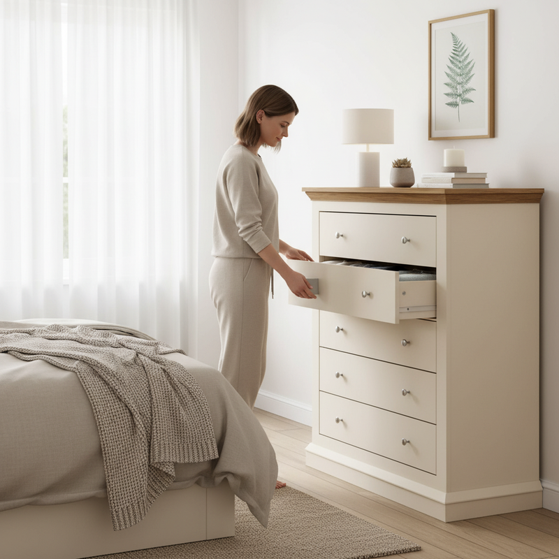 Person opening drawer on white chest