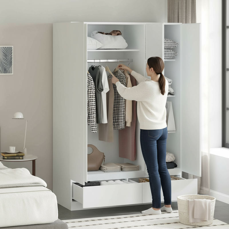 Person organizing clothes in white wardrobe