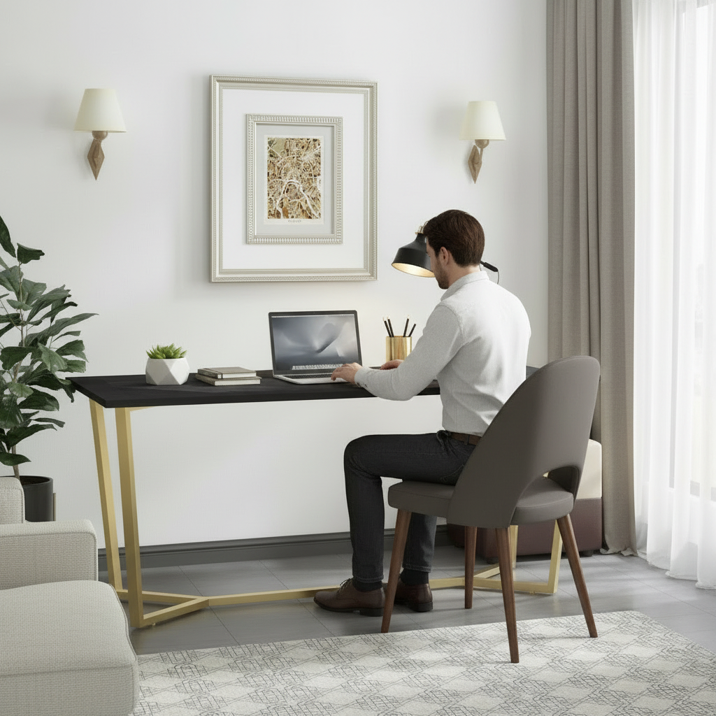 Person working at black marble desk