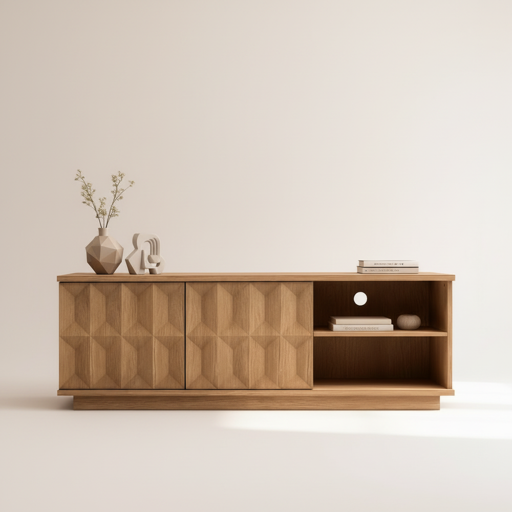 Professional front-on product shot of natural wood TV unit