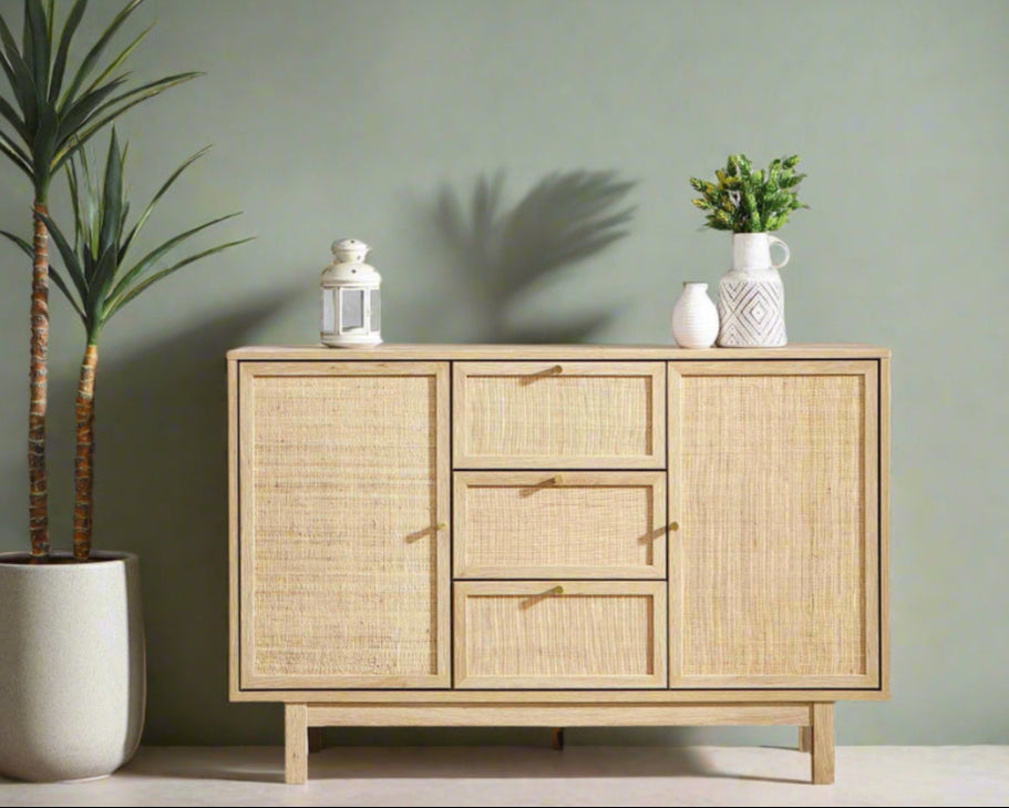 2 Door 3 Drawer Sideboard with handwoven rattan panels in light oak finish.