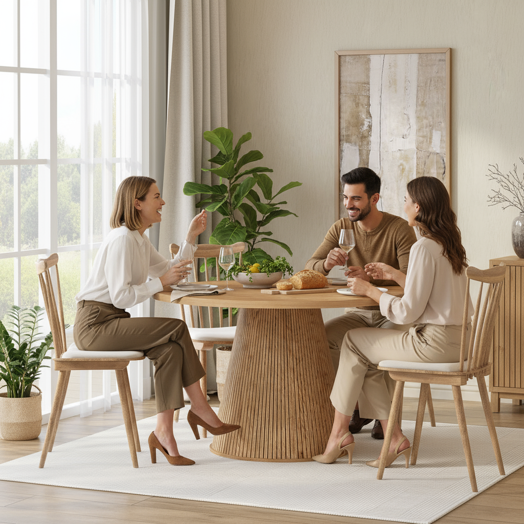 Round Oak Table with People Gathered