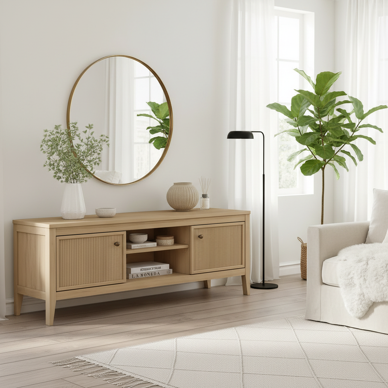 Scandinavian living room with ribbed oak TV unit