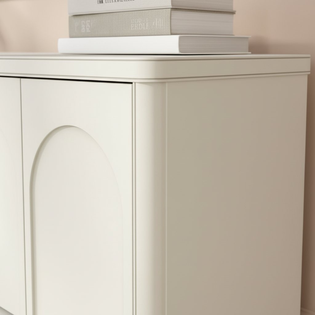 Side angle detail of white unit showing construction and joinery