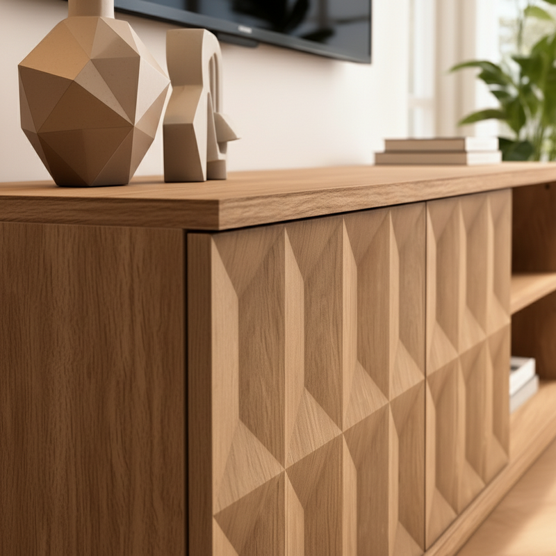 Side angle detail of wood unit showing joinery and construction