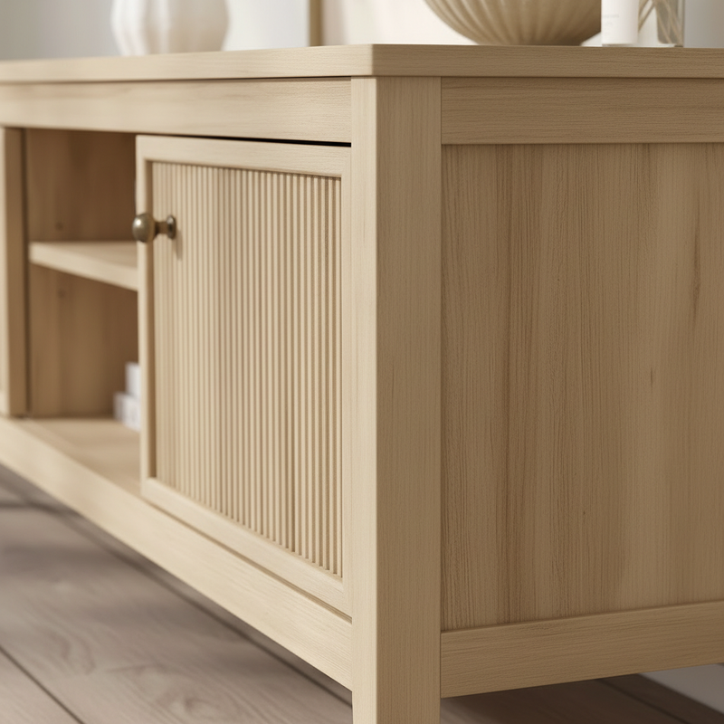 Side angle showing ribbed door meeting open shelving and joinery