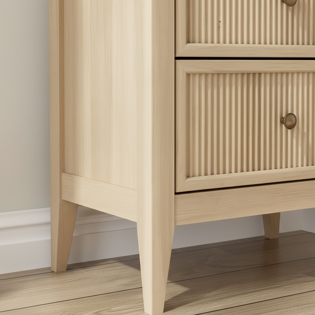 Side angle showing ribbed drawer meeting frame and joinery