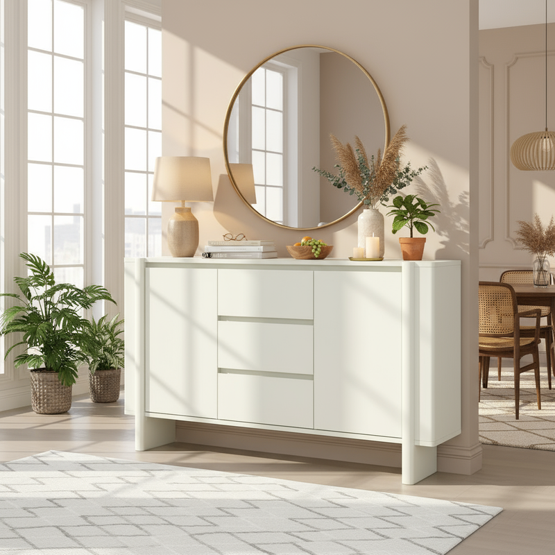 Sideboard with round mirror from dramatic angle