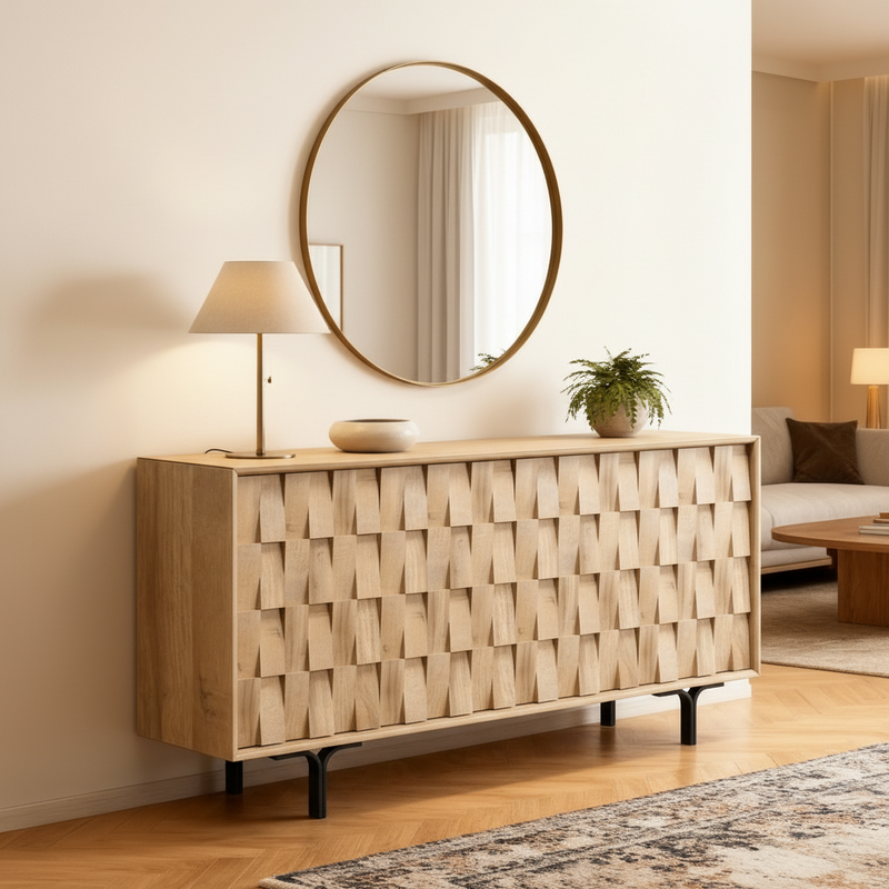 Sophisticated entryway with 3D textured buffet sideboard as console
