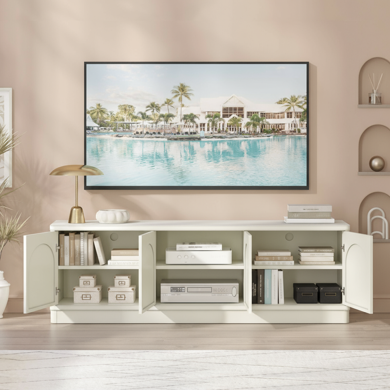 TV console with open doors showing storage - coastal modern style