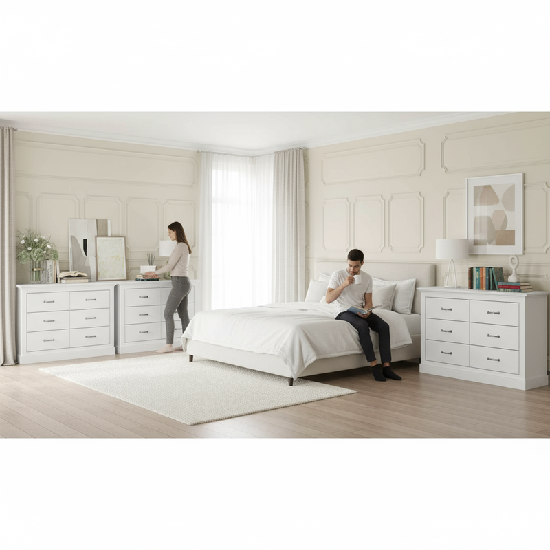 Two dressers separated in bedroom with people