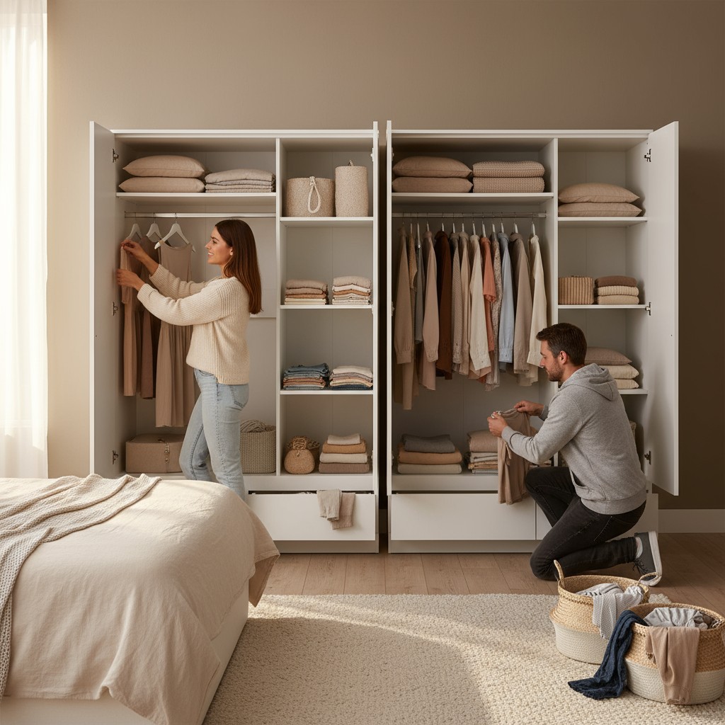 Two wardrobes side by side with people organizing