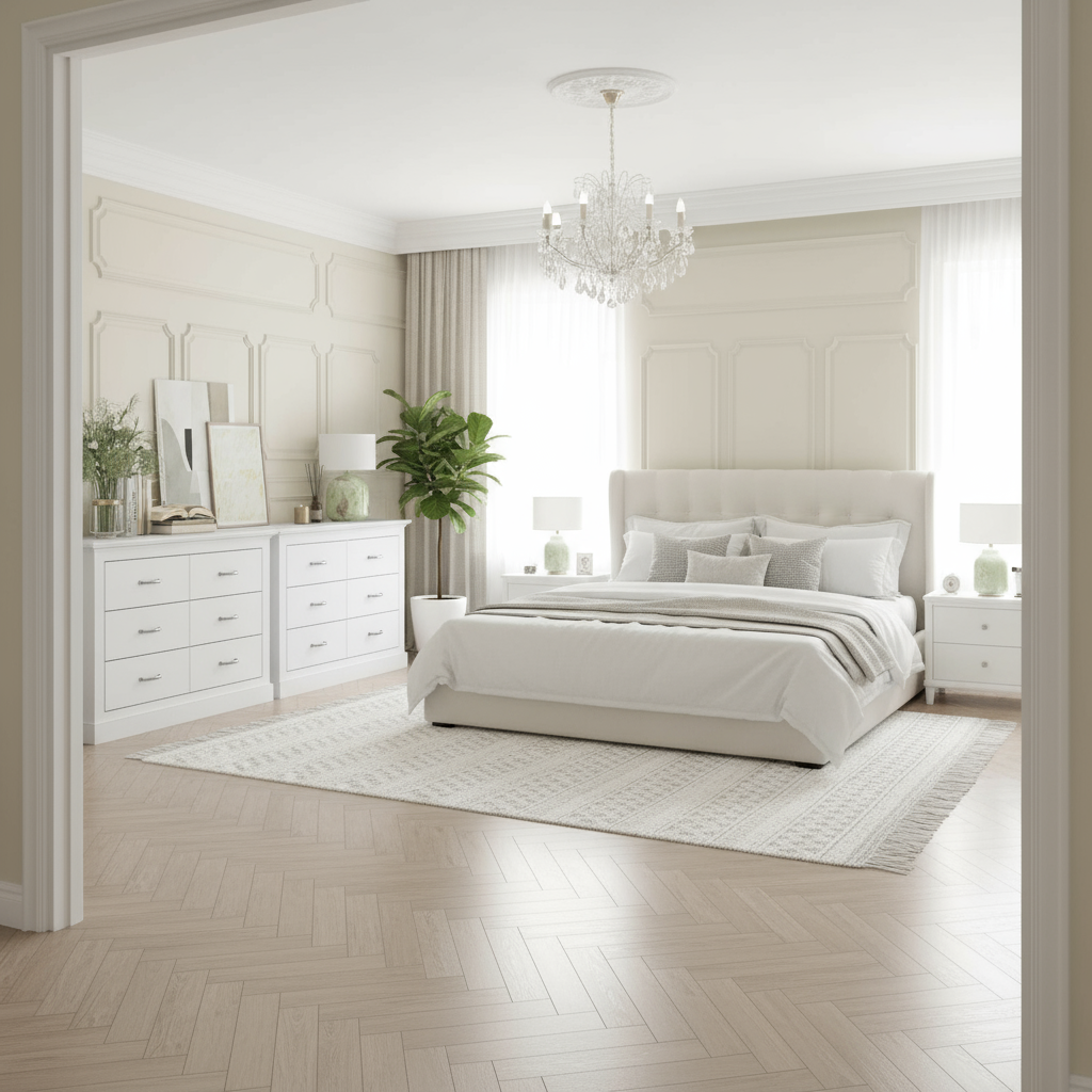 Two white dressers in amazing bedroom space
