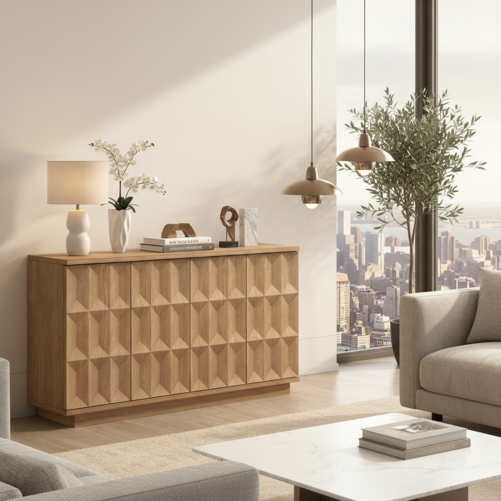 Ultra-luxury penthouse with geometric patterned buffet sideboard and city views