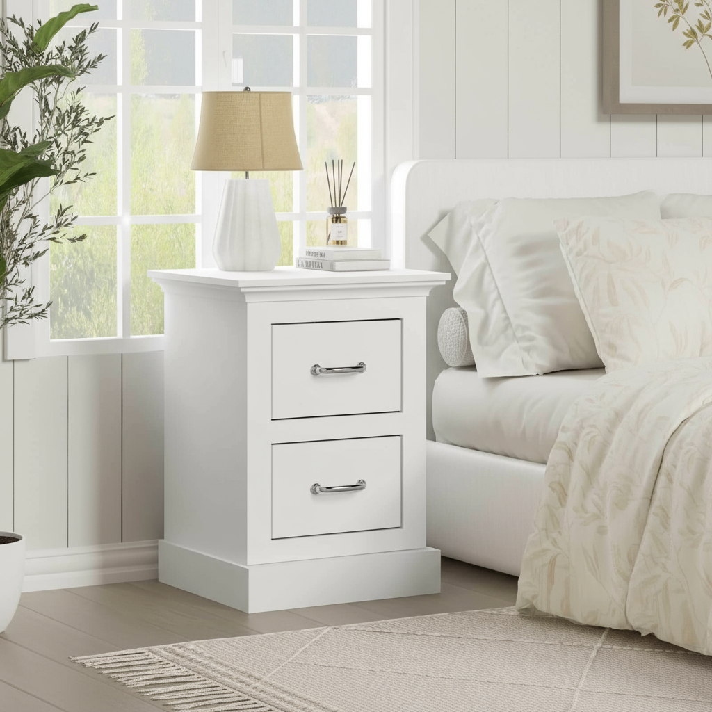 White 2-Drawer Bedside Table in Elegant Bedroom