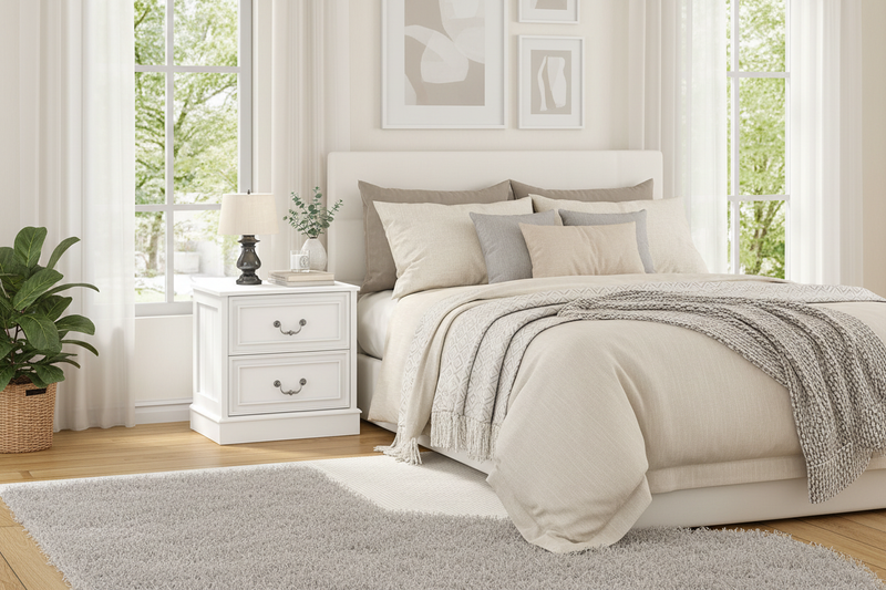 White 2-drawer bedside table in luxurious bedroom setting