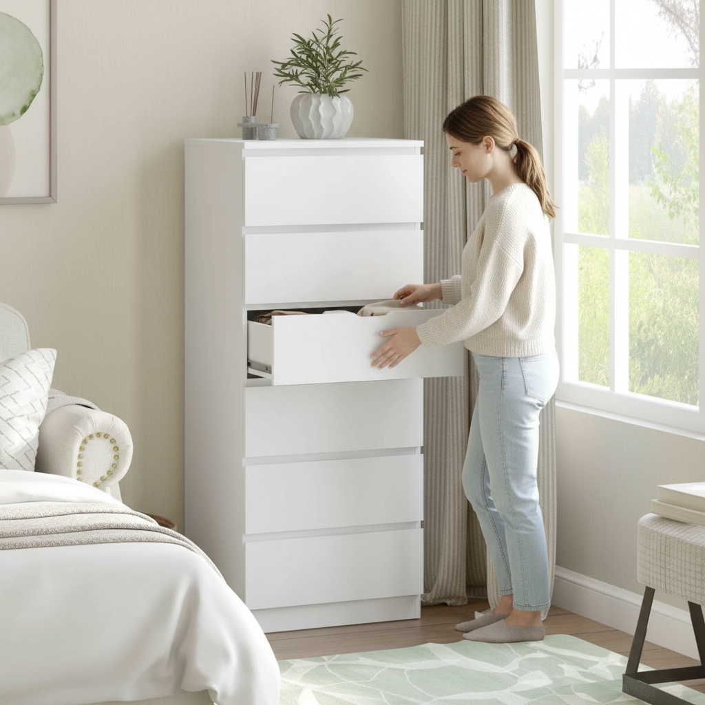 White 6-Drawer Chest with Person Opening Drawer