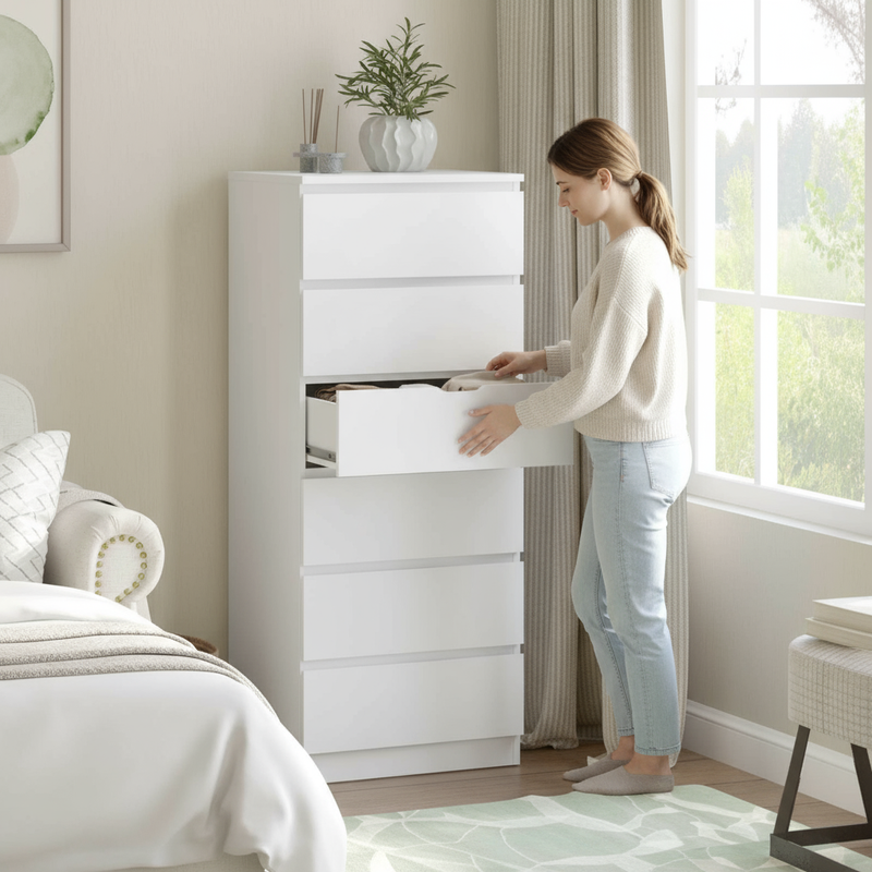 White 6-Drawer Chest with Person Opening Drawer