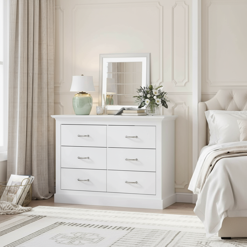 White 6-Drawer Dresser in Elegant Bedroom