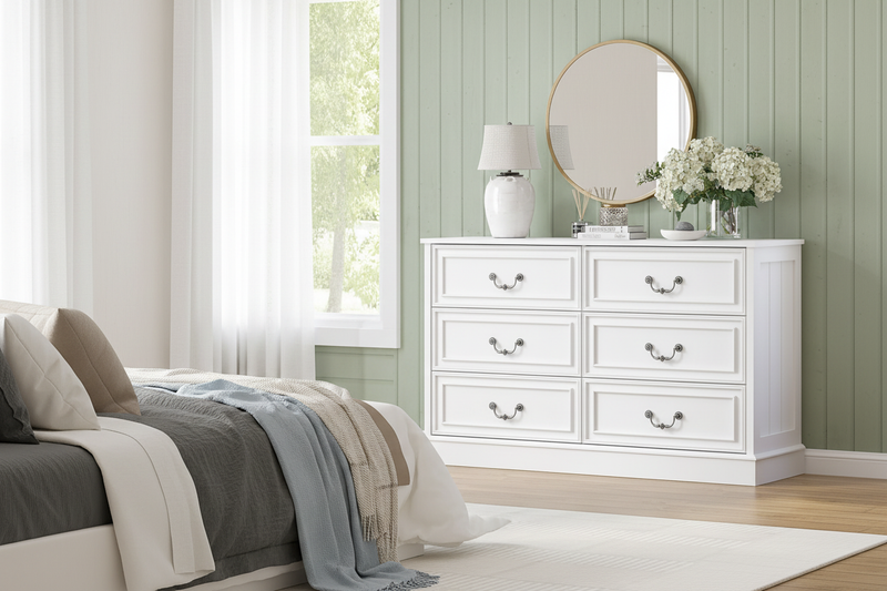 White 6-drawer dresser in elevated bedroom lifestyle setting