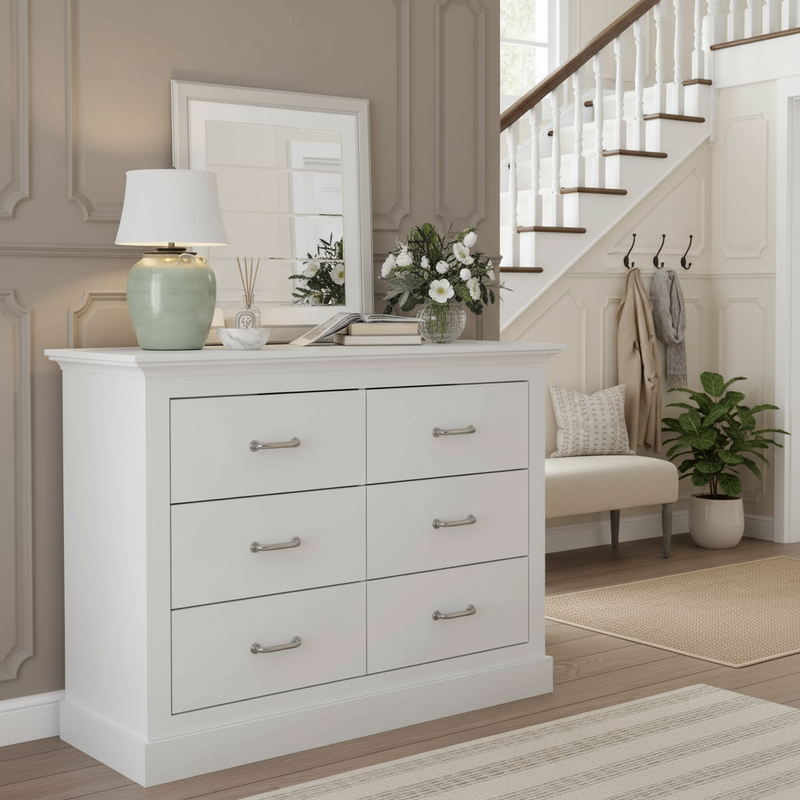 White 6-Drawer Dresser in Entryway with Stairs