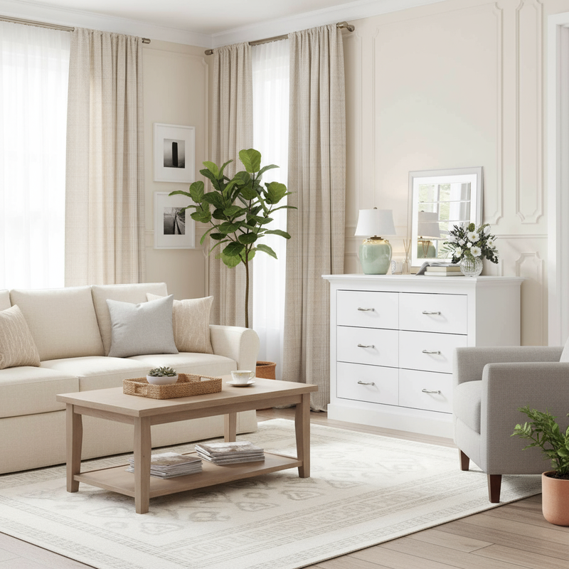 White 6-Drawer Dresser in Lounge Room