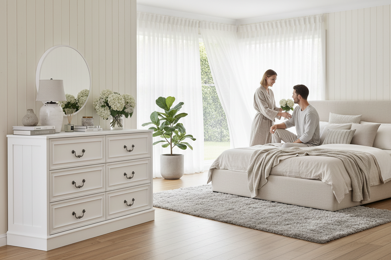 White 6-drawer dresser in luxurious open bedroom