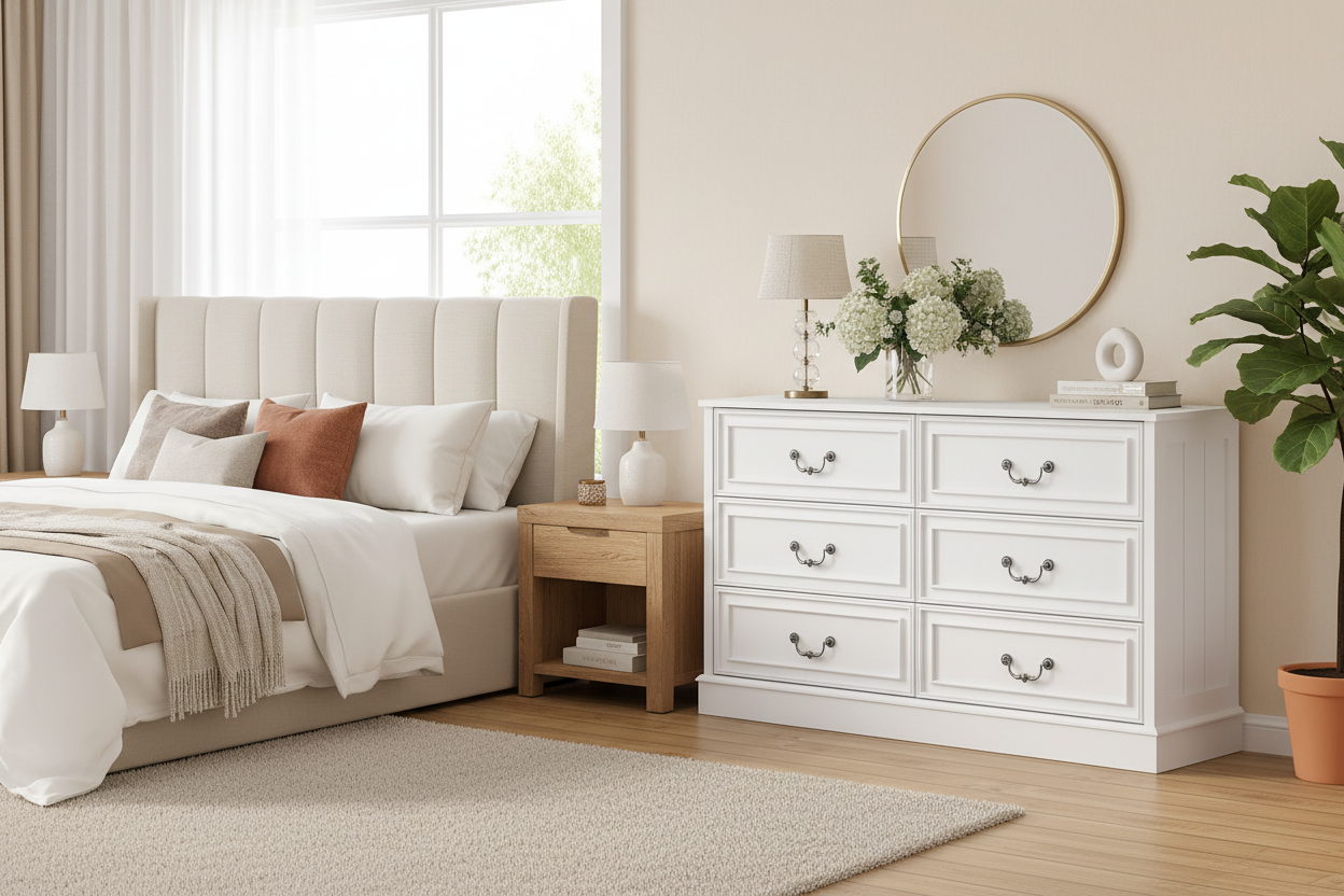 White 6-drawer dresser in serene bedroom setting