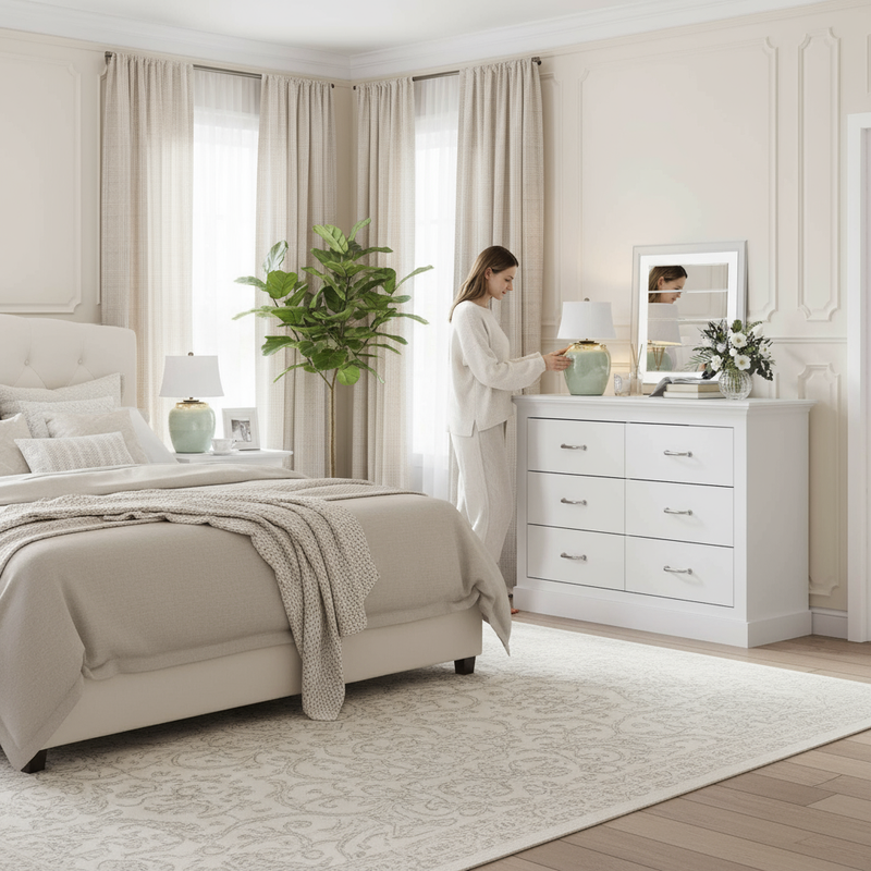 White 6-Drawer Dresser - Wide Bedroom Shot with Person