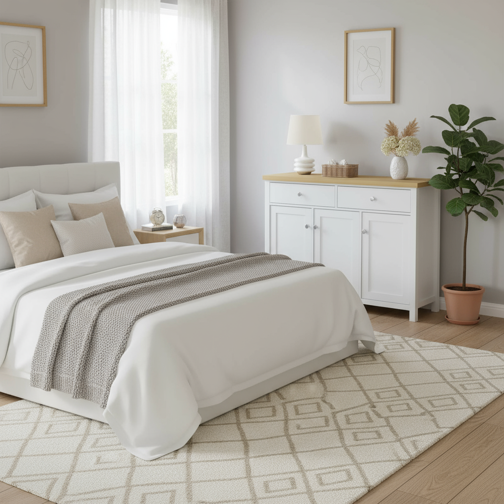 White and Oak Sideboard in Bedroom