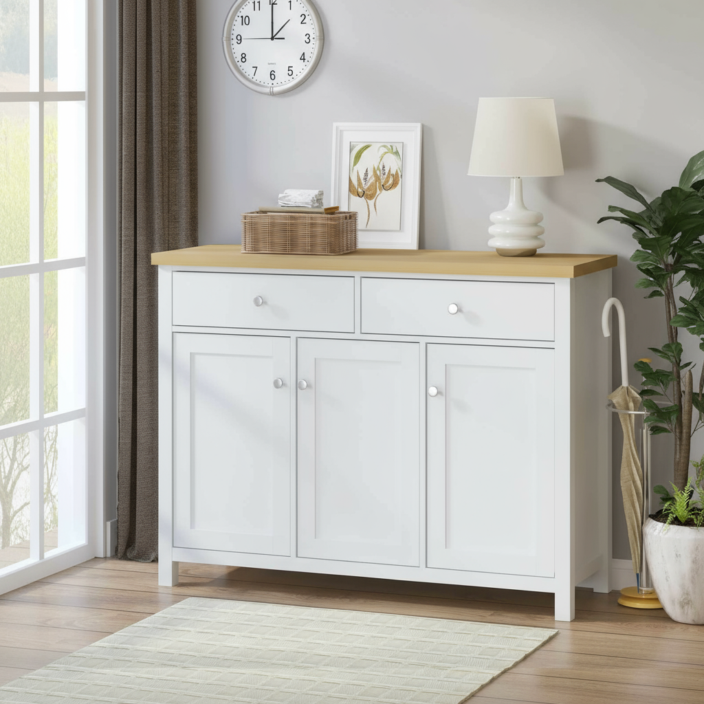 White and Oak Sideboard in Bright Entryway