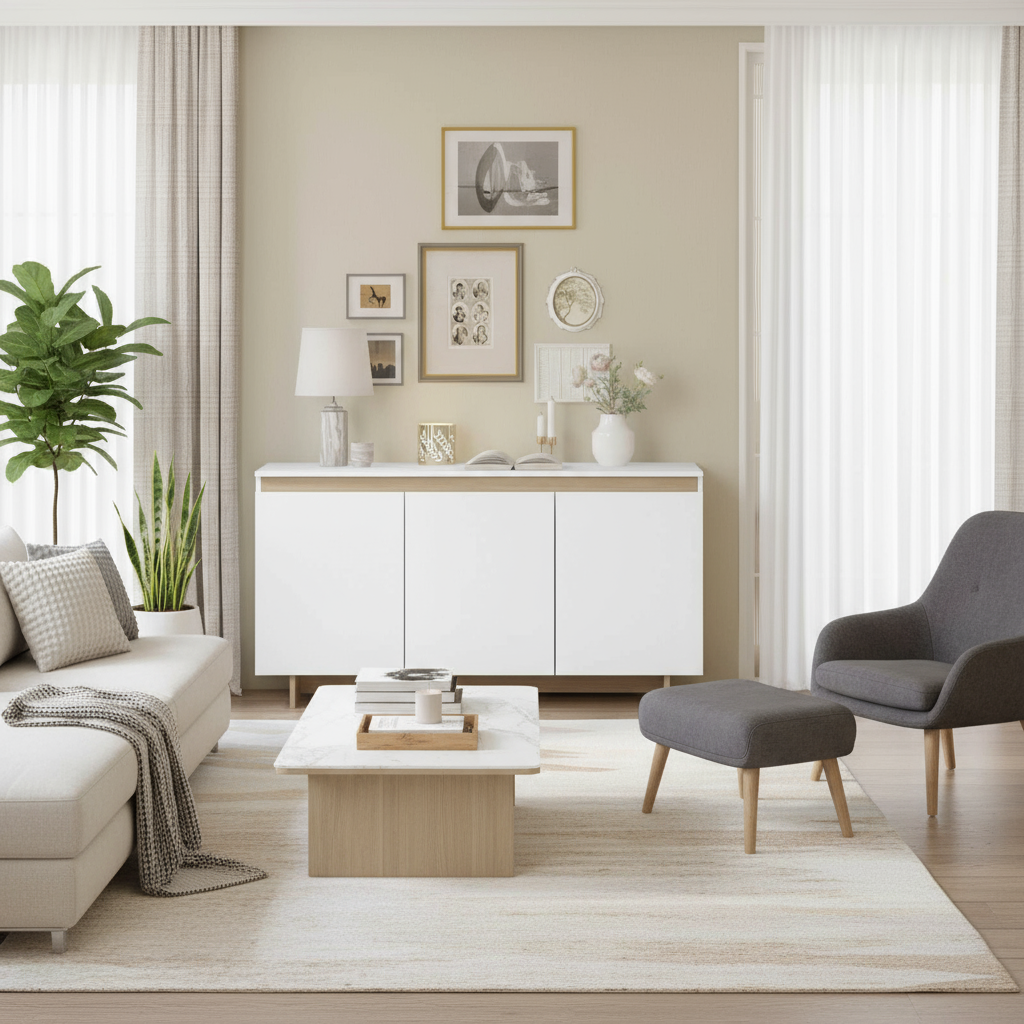 White and Oak Sideboard in Lounge Room