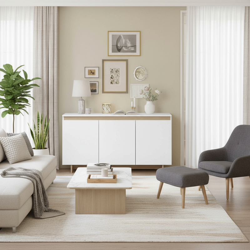 White and Oak Sideboard in Lounge Room