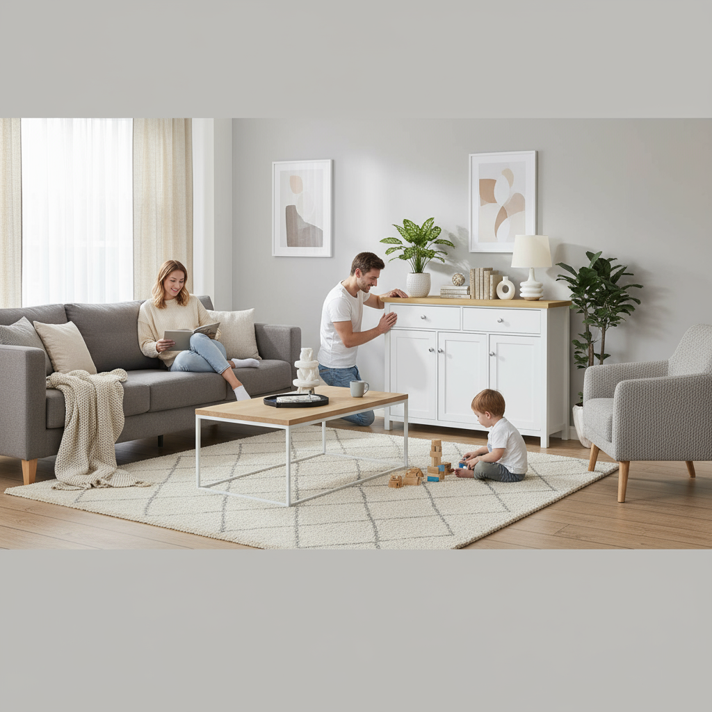 White and Oak Sideboard - Wide Lounge Room Shot with People