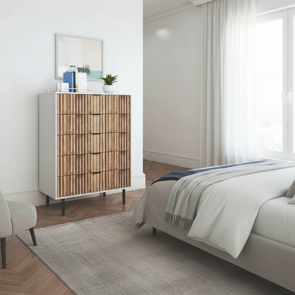 White and wood dresser in bedroom lifestyle