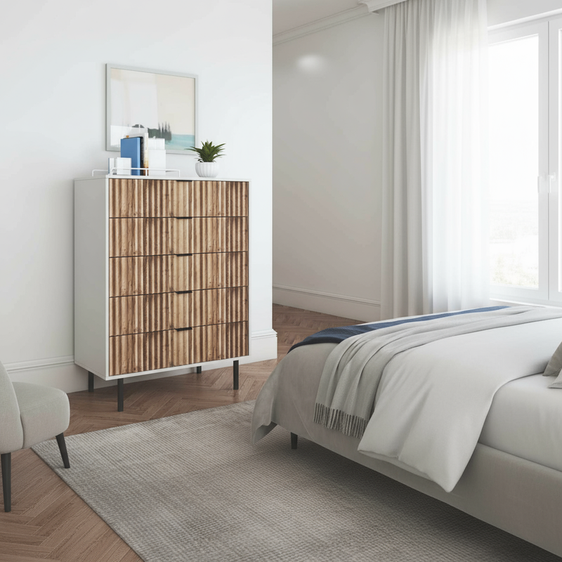 White and wood dresser in bedroom lifestyle