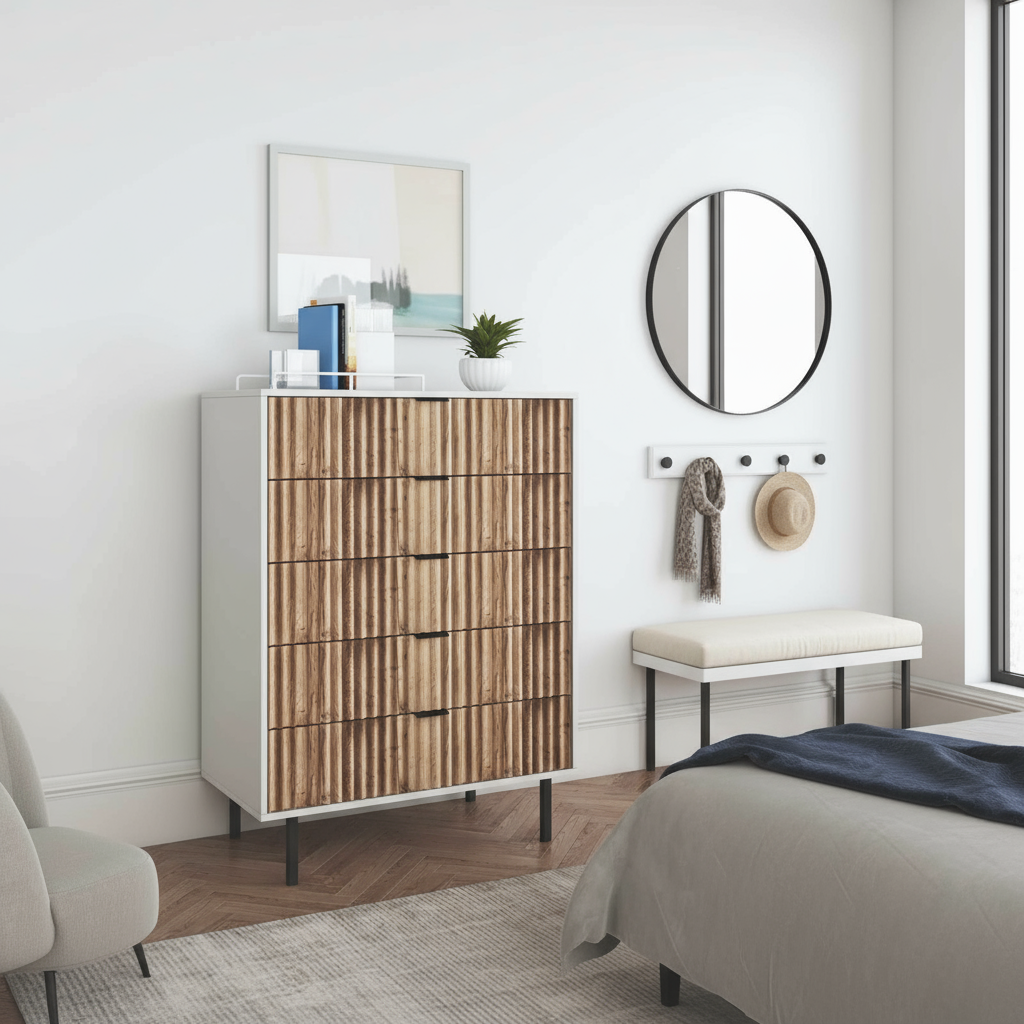White and wood dresser in entryway hallway