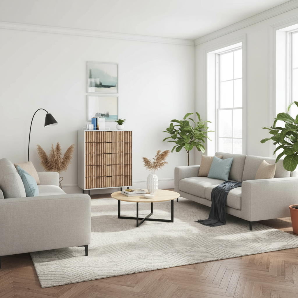 White and wood dresser in lounge room with couches