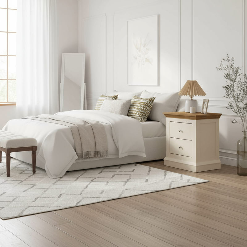 White and wood nightstand in bedroom lifestyle