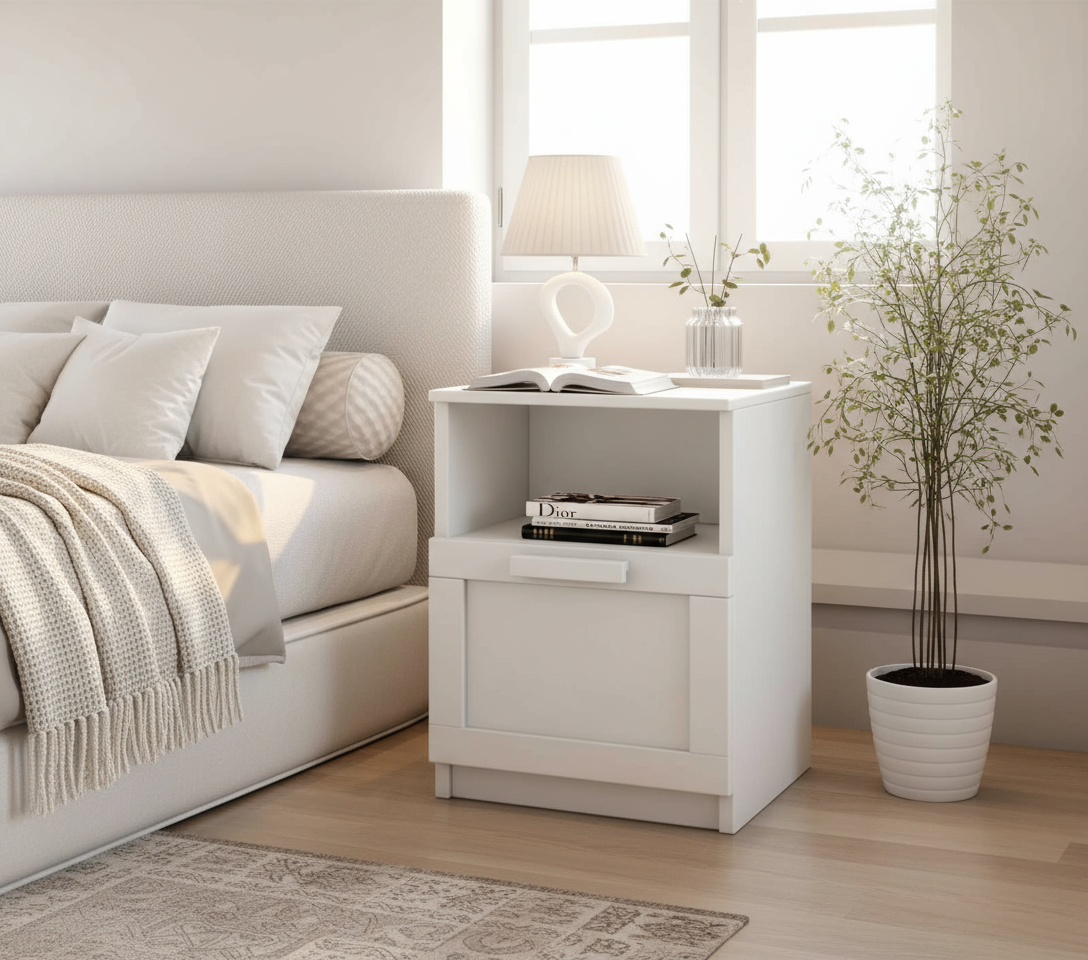 White Bedside Table in Bedroom - Square Format