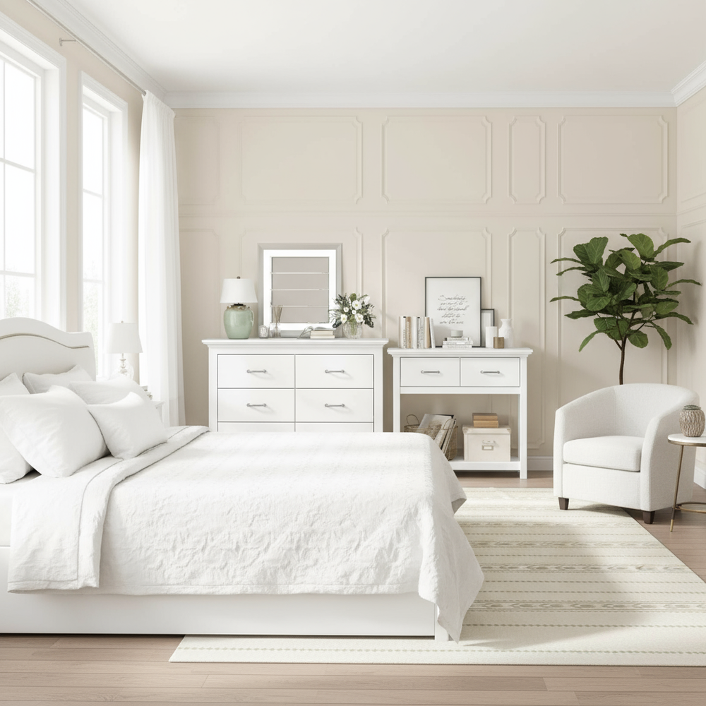 White dresser and console set in bedroom wide shot
