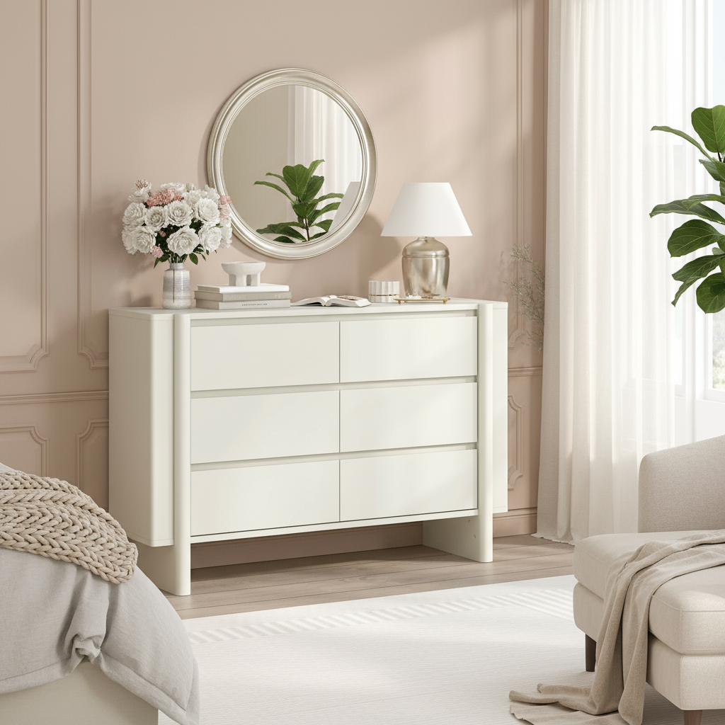 White dresser in bedroom lifestyle setting