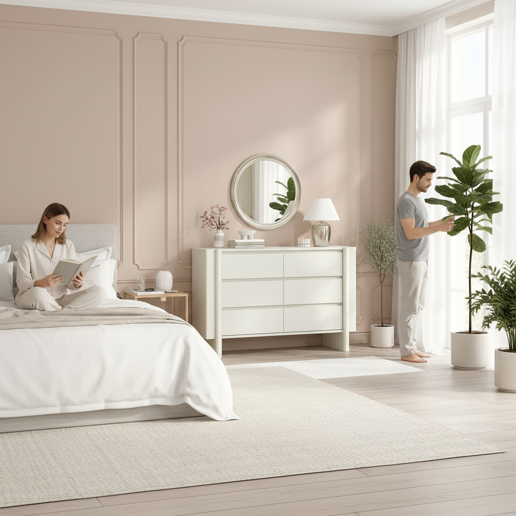 White dresser in bedroom with people