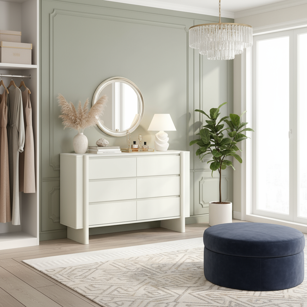 White dresser in elegant dressing room or entryway