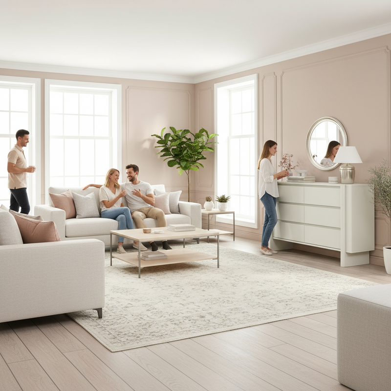 White dresser in open lounge setting with people