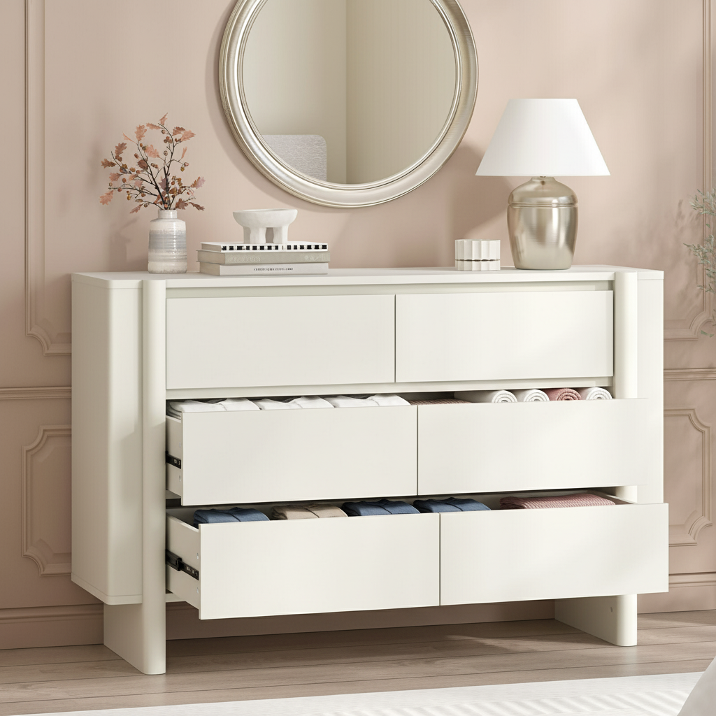White dresser with drawers open showing storage