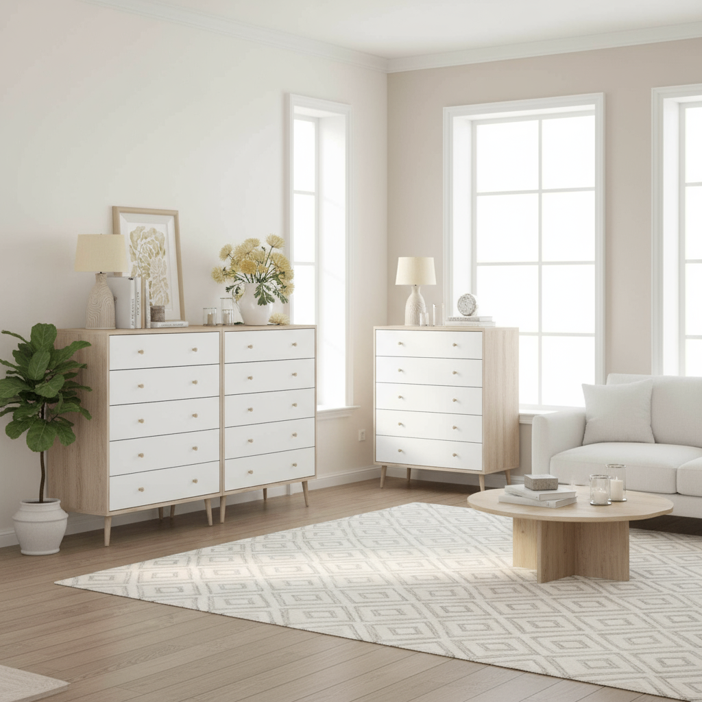 White dressers separated in spacious interior