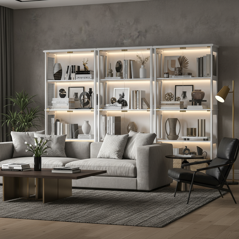 White LED Bookcases in Amazing Lounge